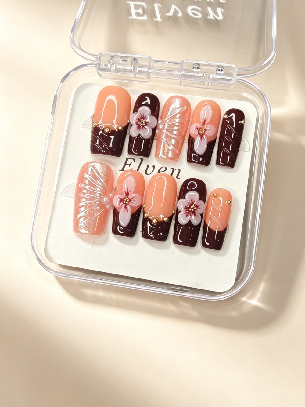 Orange & Dark Red French Tip Press On Nails With Flowers & Cat Eye Medium Square